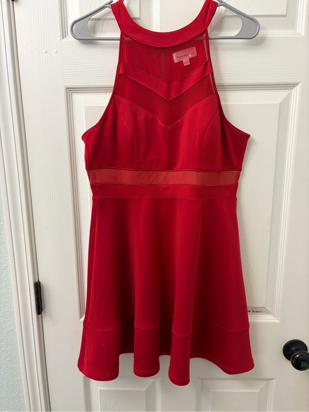 Honey and Rosie Red Mesh-Inset Halter Skater Dress
